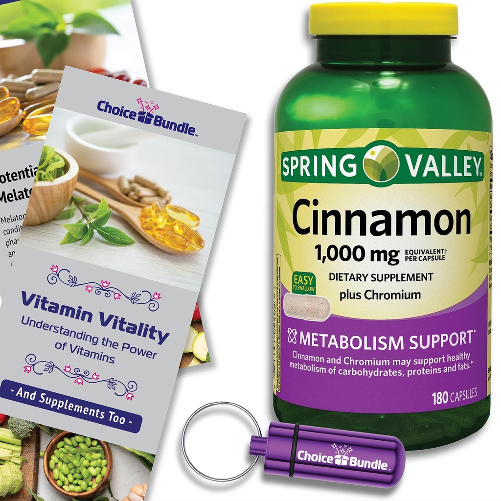 Choice Bundle Spring Valley Cinnamon Plus Chromium Capsules 1,000 mg 180 Ct and Vitamin Vitality & Pill Container (3 Items)!