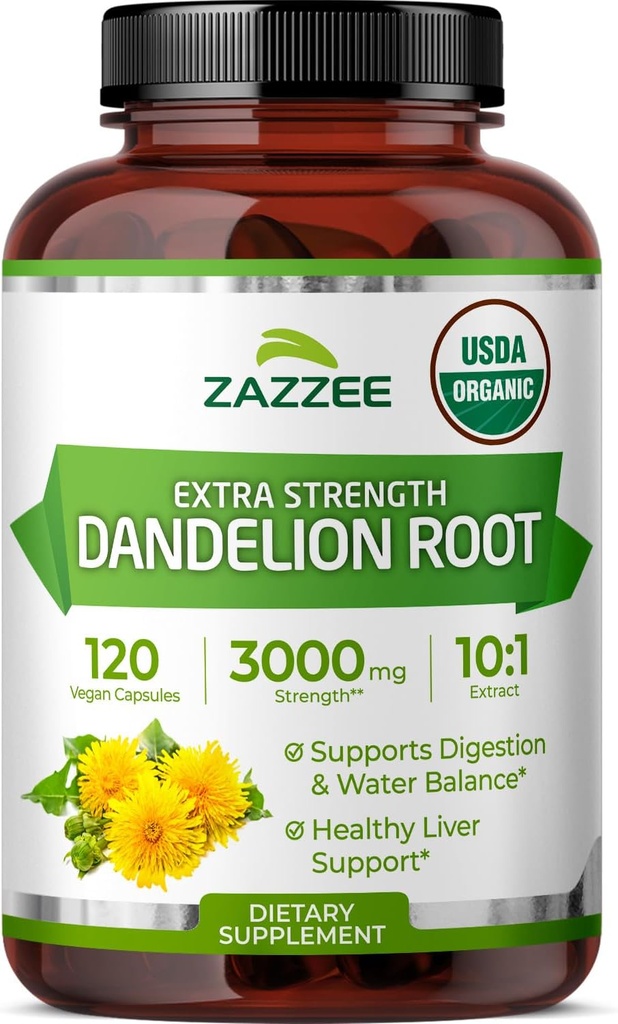 Zazzee USDA racine de dandelion biologique 10:1 extrait, 3000 mg de force, 120 capsules, 4 mois d'approvisionnement, extrait normalisé et concentré 10X, 100% végétarien, tout naturel et non-OGM