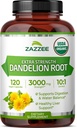 Zazzee USDA racine de dandelion biologique 10:1 extrait, 3000 mg de force, 120 capsules, 4 mois d'approvisionnement, extrait normalisé et concentré 10X, 100% végétarien, tout naturel et non-OGM