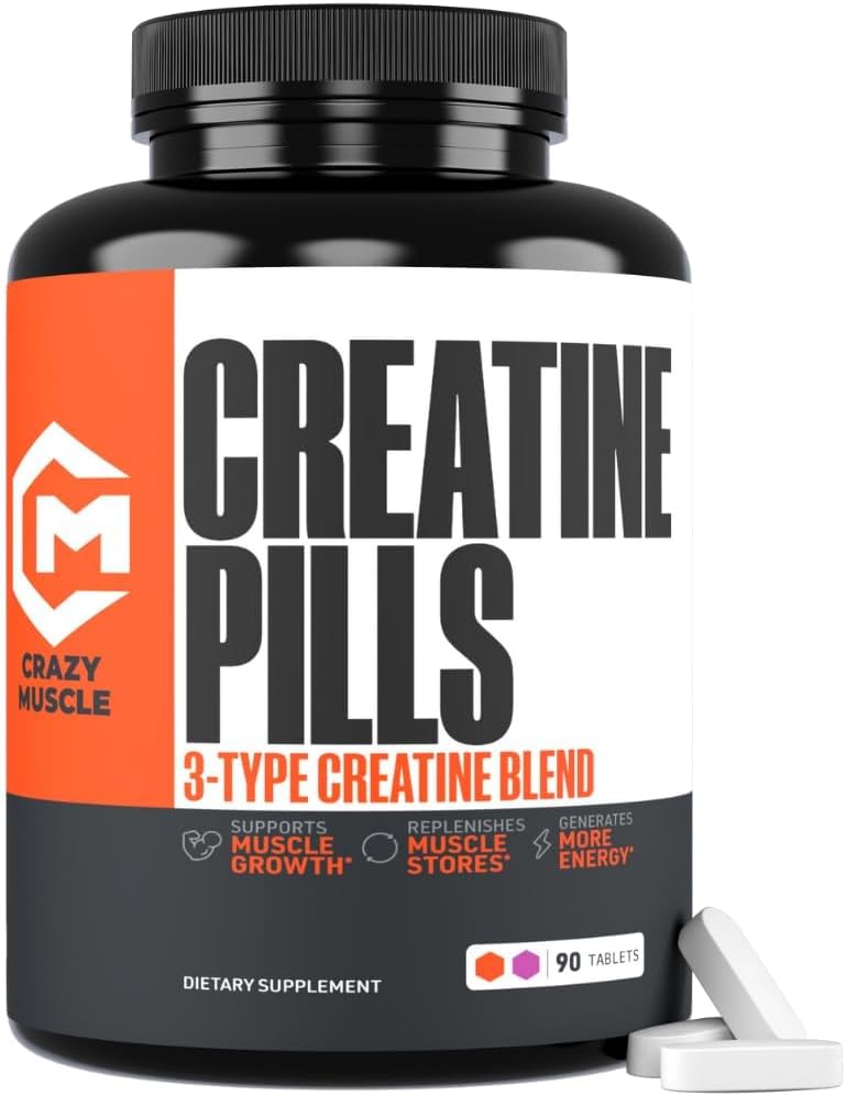 Crazy Muscle Creatine Pills, 5g 3X Pure Creatine Monohydrate, Préentraînement Bulk Mass Gainer, Haute Absorption Facile à prendre TroisAtine 3 Type Performance Optimum pour la croissance maigre, 90 comprimés