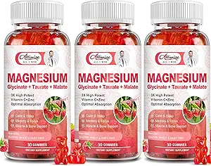 3Pack Glycinate Magnésium Gommies, supplément de potassium Magnésium avec Taurate, Malate, Soutien corporel et relaxation, Gommies de magnésium framboise pour adultes