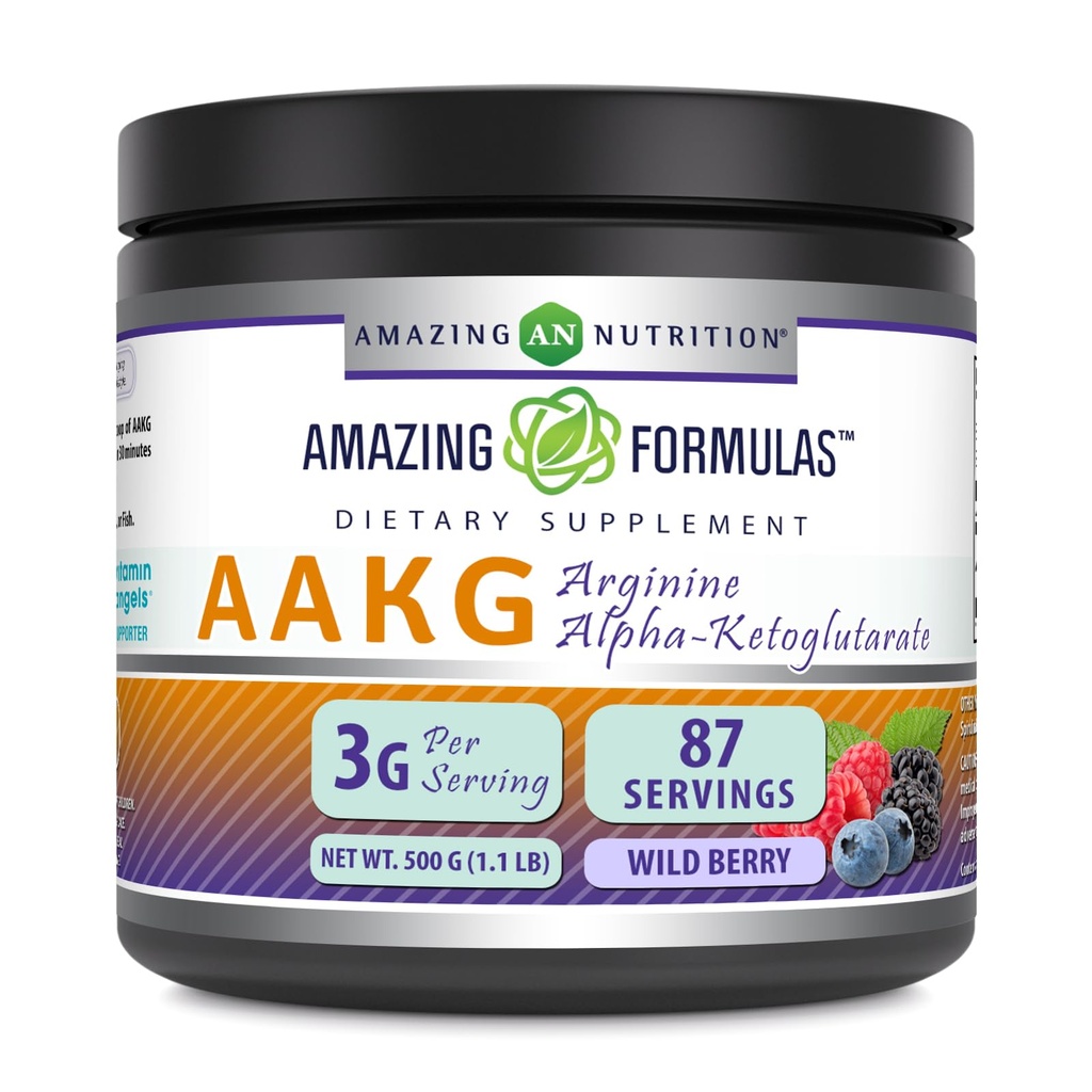Amazing Formulas AAKG 500 Grams (1.1 Lb) Powder Supplement | Arginine Alpha-Ketoglutarate | Wild Berry Flavor | 87 Servings | Non-GMO | Gluten Free