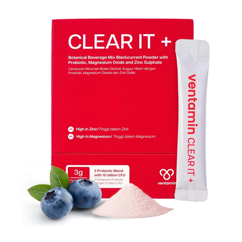 Clear It+ Acne Supplement – Hormonal & Cystic Acne Support with 10 Billion CFU Probiotics, Zinc, Magnesium & Vitamin B Complex – Skin Detox for Clearer, Smoother Skin (30 Sachets)