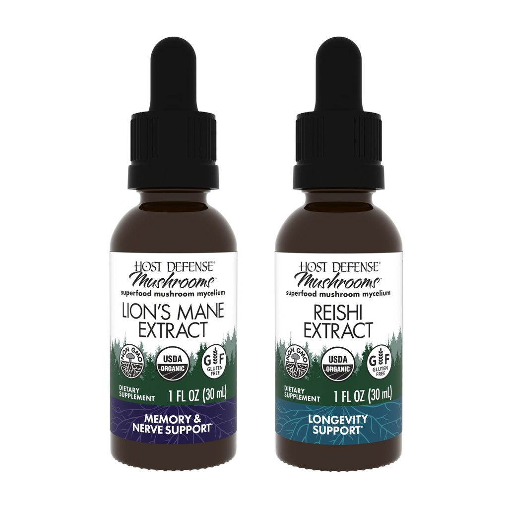 Host Defense Bundle with Lion's Mane Extract, 1 fl oz & Reishi Extract, 1 fl oz - Soutien Cerveau Santé, Mémoire & Focus - Soutien Coeur et santé immunitaire*