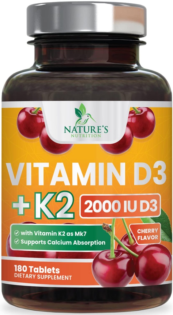 Vitamin D 2000 IU 50mcg Per Tablet - Vitamins D3 & K2 (MK7) Complex Supplement for Bone, Teeth, Muscle, Calcium Absorption, Supports Immune & Heart Health, Chewable Formula USA Bottled - 180 Tablets