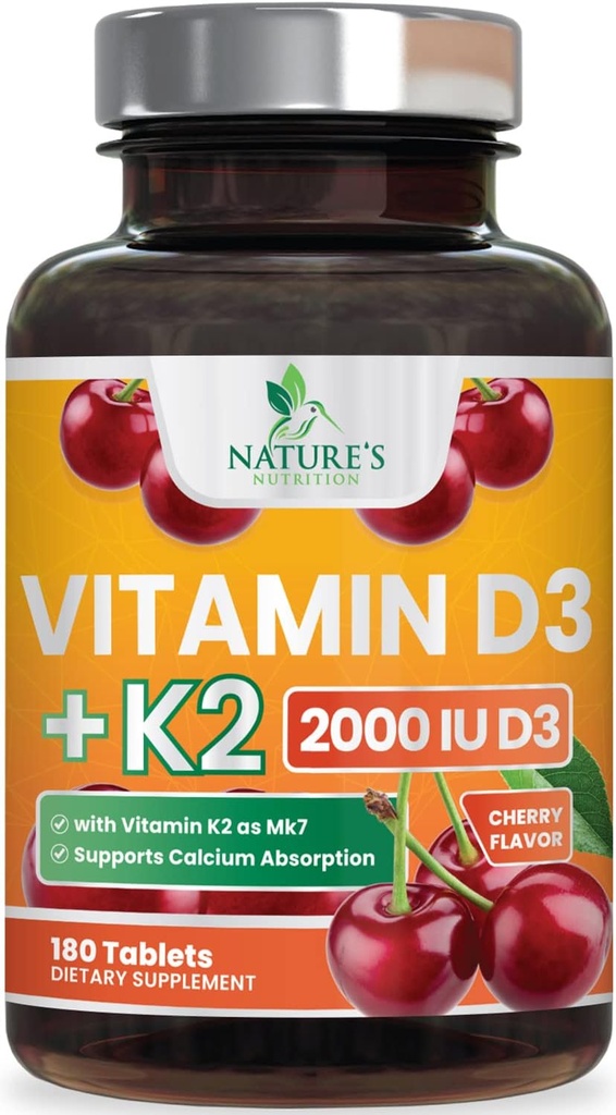 Vitamine D3 K2 2000 UI Plus avec K2 (MK-7) 75 mcg - Supplément complexe Vitamines D & K pour os, dents, muscles, absorption de calcium, soutient la santé immunitaire et cardiovasculaire, formule non-OGM à croquer - 180 comprimés