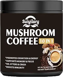 Café de champignons, 10 Mélange de poudre d'extrait de champignons Mane de Lion, Reishi, Chaga, Cordyceps, Turquie Tail, Suppléments Cerveau avec Café instantané pour l'énergie, Focus, Mémoire et Immunité 300g
