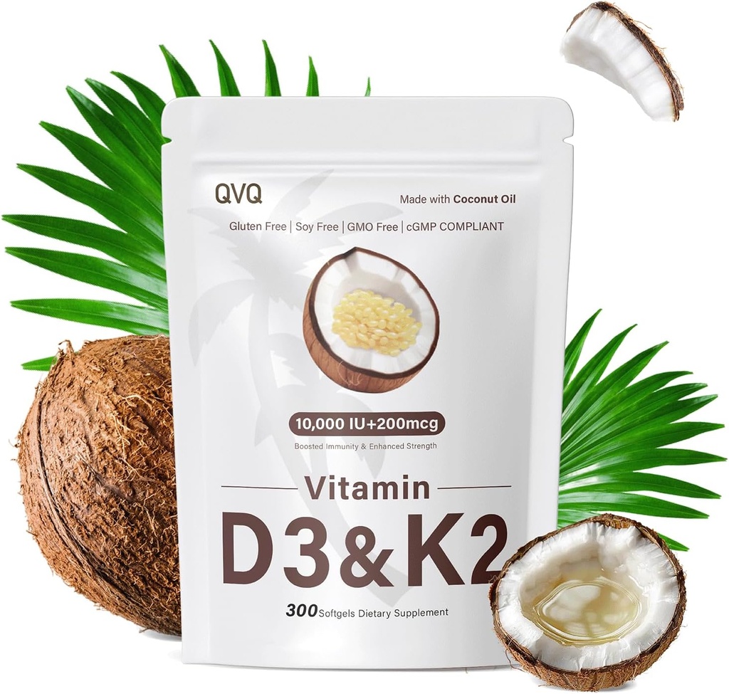 300 Pcs 2 en 1 Vitamine D3 10000 iu Plus K2 (MK-7) 200 mcg Huile de coco vierge Softgels avec Vitamines D & K soutient l'absorption de calcium, os, immunitaire, et santé du coeur – Facile à avaler