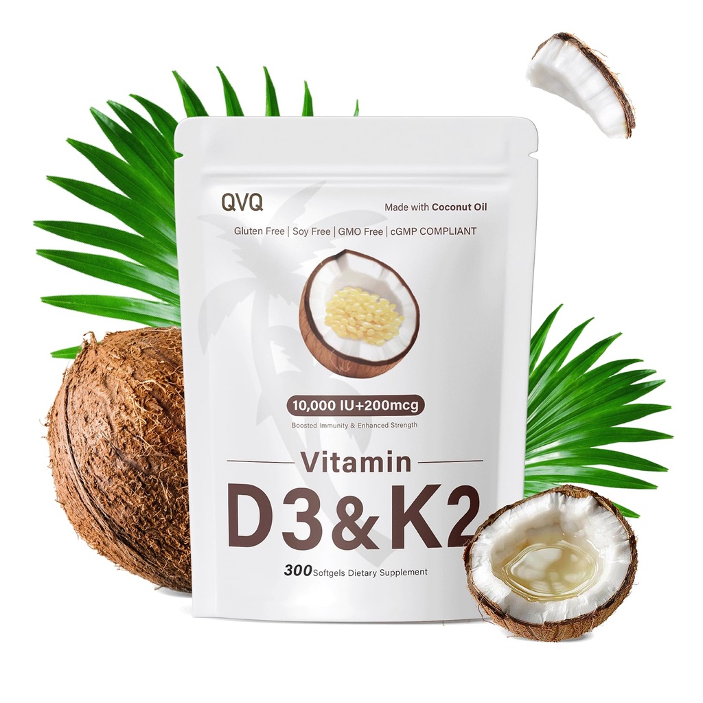 300 Pcs 2 in 1 Vitamin D3 10000 iu Plus K2 (MK-7) 200 mcg Virgin Coconut Oil Softgels with Vitamins D & K Supports Calcium Absorption, Bone, Immune, & Heart Health – Easy to Swallow