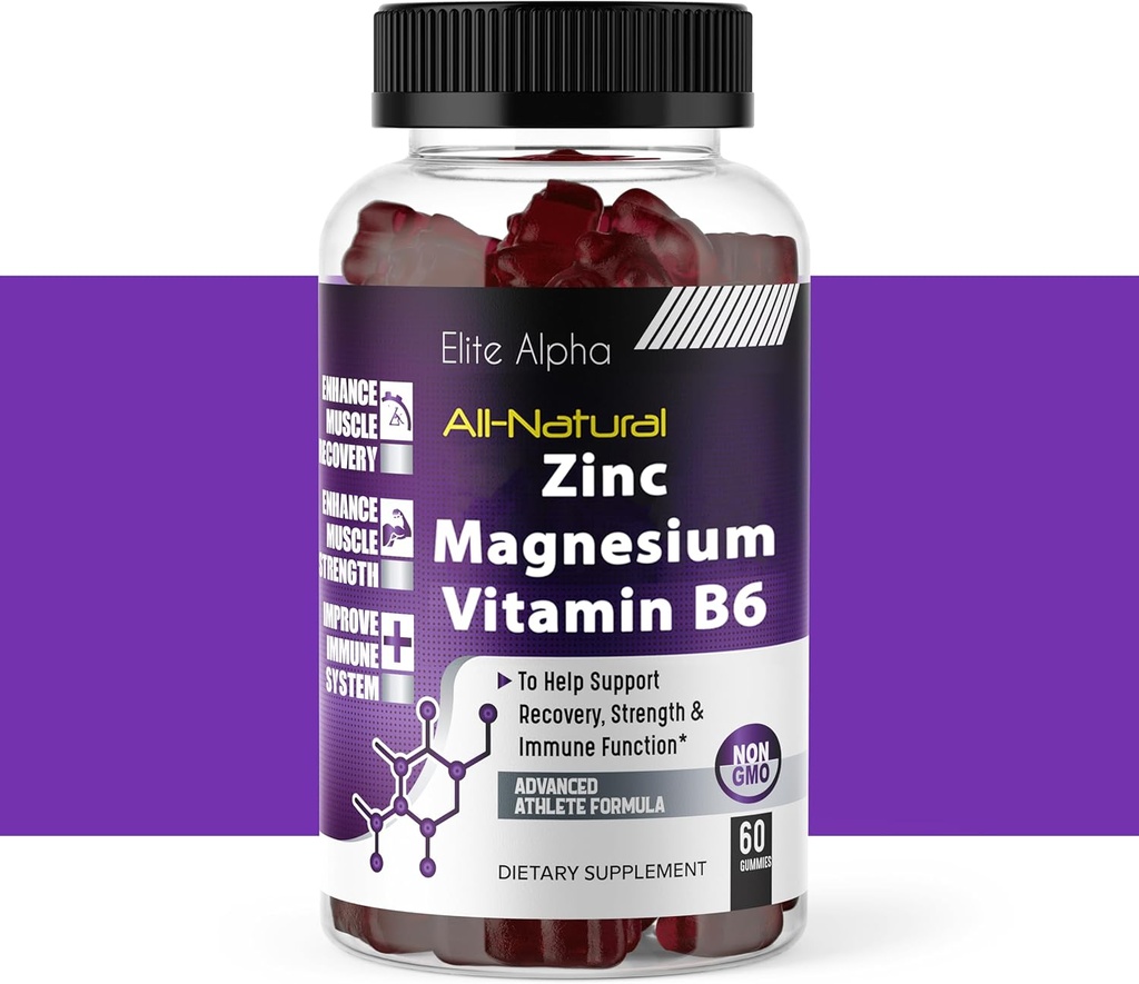 Zinc+Magnésium+Vitamine B6 Gommies Max Strength - Potent Zinc tout naturel, Magnésium, B6 pour le soutien immunitaire et l'énergie musculaire et récupération