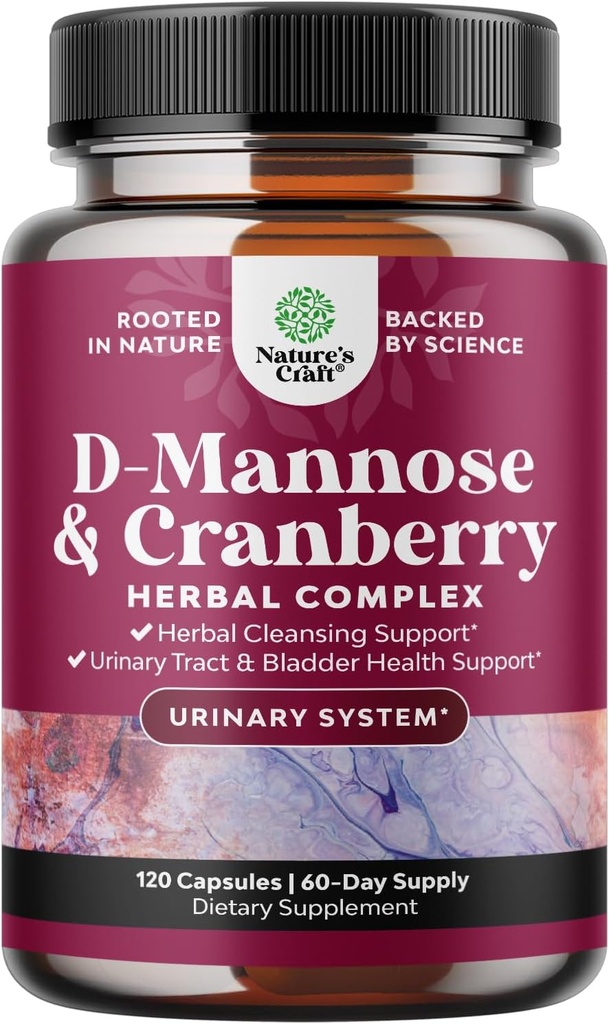 D Mannose avec supplément de canneberge - Potent D Mannose 1000mg Capsules pour le soutien de la défense du rein et le nettoyage et la santé urinaire pour les femmes et les hommes - Supplément santé Bladder pour les adultes - 120 Comte