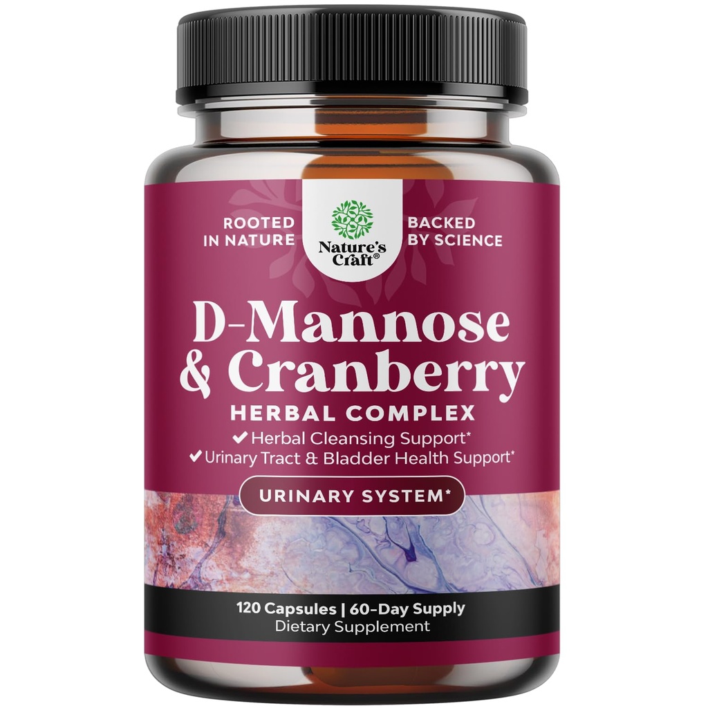 D Mannose avec supplément de canneberge - Potent D Mannose 1000mg Capsules pour le soutien de la défense du rein et le nettoyage et la santé urinaire pour les femmes et les hommes - Supplément santé Bladder pour les adultes - 120 Comte