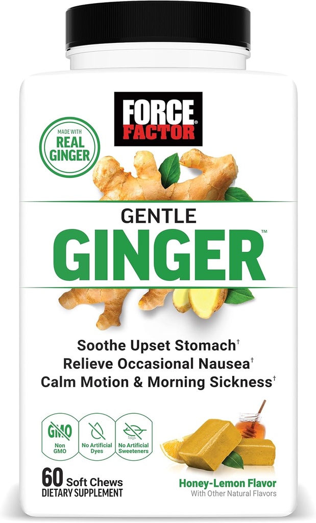 FACTEUR DE FORCE Gingembre doux Chews pour le soulagement des nausées, la maladie de mouvement et la maladie du matin, supplément de gingembre avec vitamine B6 pour le soutien digestif, non-OGM, arôme de gingembre de citron de miel, 60 chews doux