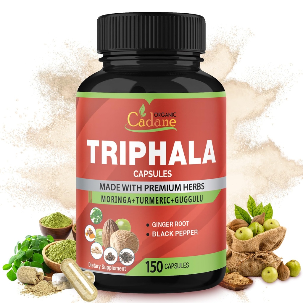 Organic Cadane Triphala Extract Capsules, 5 Months Supply with Turmeric, Guggulu, Ginger, Black Pepper, Moringa - Support Digestion Health & Immune System