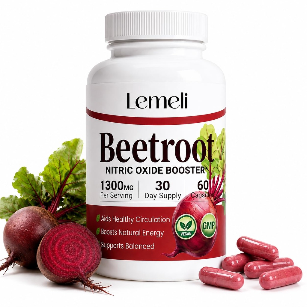 Lemeli Beetroot Nitric Oxide Booster-1300mg, Organic Beet Root Capsules with Natural Energy & Healthy Blood Flow Support, Vegan Clean Label Beetroot Supplement for Daily Wellness,60 Capsules