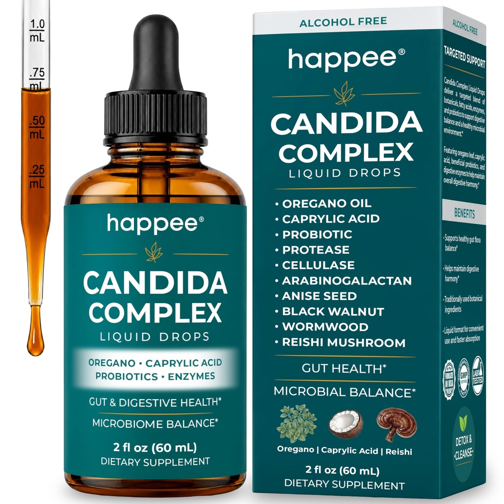 Happee Candida Cleanse Drops 10-in-1 Gut & Oral Detox Support Men Women 2oz | Yeast & Overgrowth Support - Oregano, Caprylic Acid & Probiotics - Flora Balance & Digestive Comfort - 60 Servings