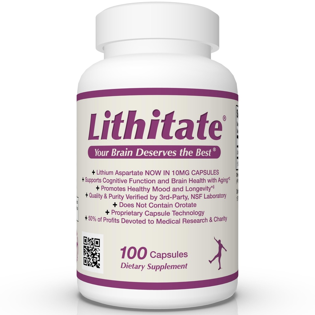Lithium Aspartate 10mg | Supports Cognitive Function & Brain Health with Aging | NSF Certified | Promotes Mental Clarity, Healthy Mood & Longevity | Natural Supplement | 100 Capsules
