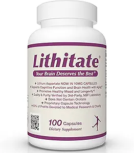 Lithium Aspartate 10mg=$ soutient la fonction cognitive et la santé du cerveau avec le vieillissement=$ Certifié NSF=$ favorise la clarté mentale, l'humeur saine et la longévité=$ Supplément naturel=$100 Capsules