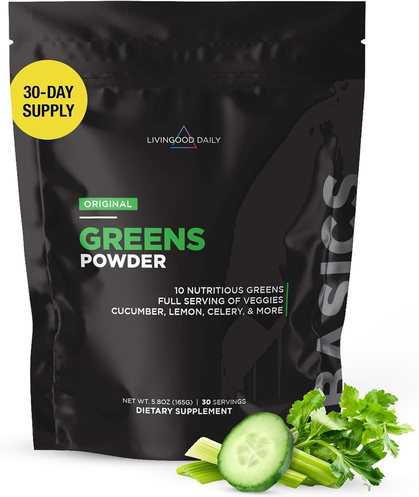 Livingood Daily Basic Greens Poudre, Super Greens Drink Mix avec Spiruline, Brocoli, Kale, Blé Herbe et Chlorella, Mélange de légumes biologiques, Vegan, Sans gluten, Non OGM, 30 portions