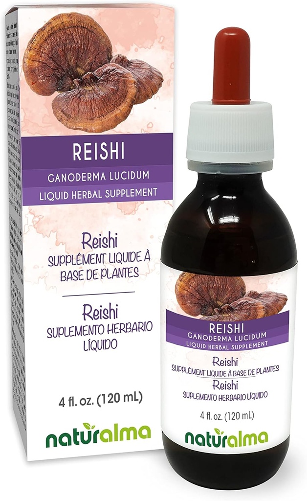 Naturalma Reishi (Ganoderma lucidum) Fongus ou champignons Teinture sans alcool - 4 fl oz Extrait liquide dans les gouttes - Supplément à base de plantes - végétalien