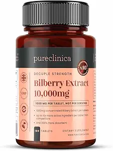 purclinica Extrait de bilberry 10 000mg x 180 comprimés (6 mois d'approvisionnement)- 10X Plus d'anthocyanidine Plus 5mg de poivre noir par comprimé