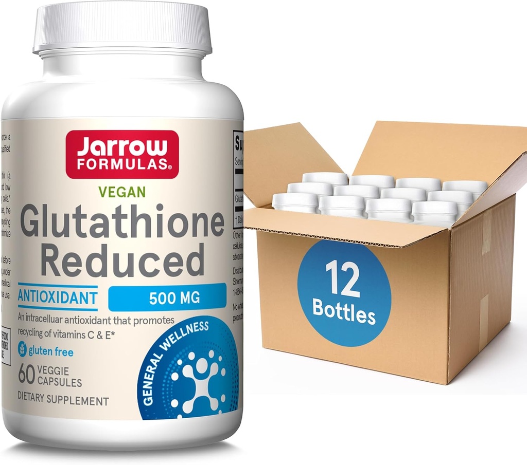 Formules de Jarrow Glutathion réduit 500mg- 60 Capsules de Véggie- Antioxydant intracellulaire- Suppléments de Glutathion de qualité- Supporte le recyclage des vitamines C et E- Sans OGM- Sans gluten- Vegan, boîte de 12
