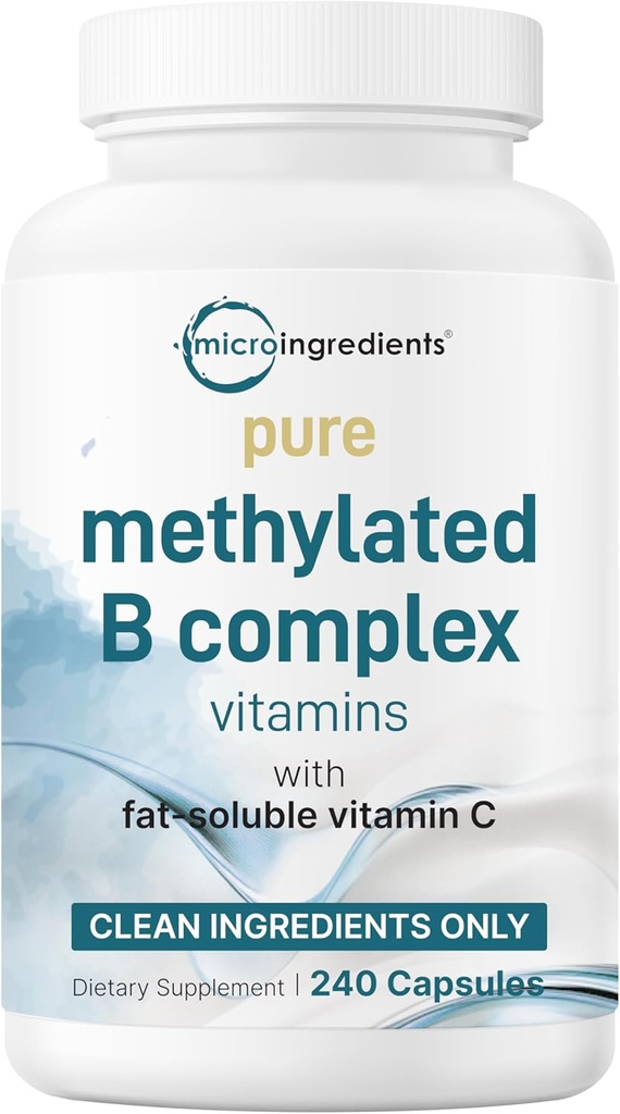 Micro Ingredients Pure Methylated B Complex, 240 Capsules | 11-in-1 Formula with B12, Thiamin, Folate, Inositol, Choline & Vitamin C | Supports Energy, Mood & Nerve Health | Filler Free, Non-GMO