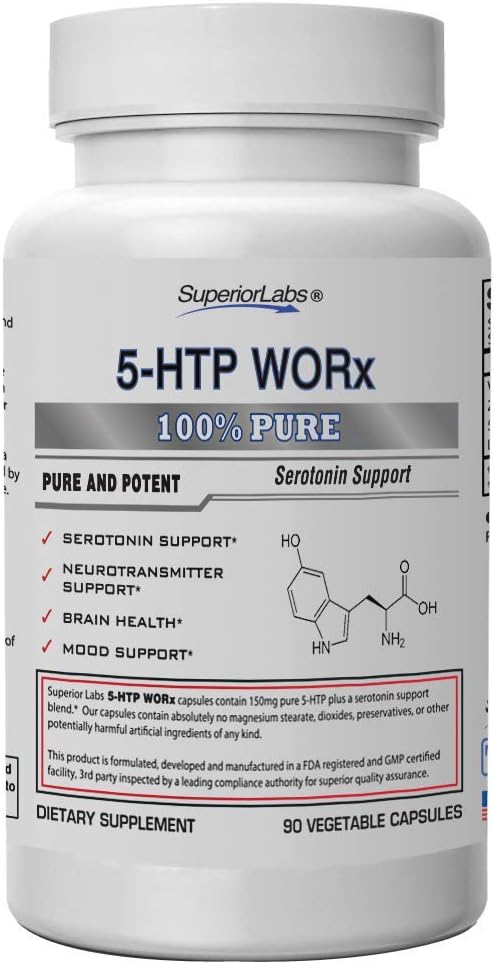 Superior Labs – 5-HTP Worx - 150 mg Pure 5-HTP Plus Potent Serotonin Blend - 90 capsules végétales - Sérotonine Amplification - Soutien aux neurotransmetteurs - Santé du cerveau - Soutien de l'humeur