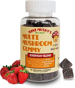 Mini Mushy's Organic Allergy Tail, Reishi, Lions Mane, Cordyceps Champignons de 2 ans et plus pour les enfants, couleur naturelle, allergique, faible sucre