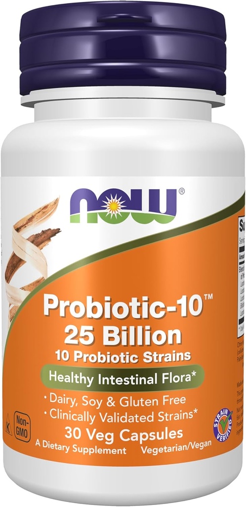NOW Foods Supplements, Probiotic-10™, 25 Billion, with 10 Probiotic Strains, Dairy, Soy and Gluten Free, Strain Verified, 30 Veg Capsules