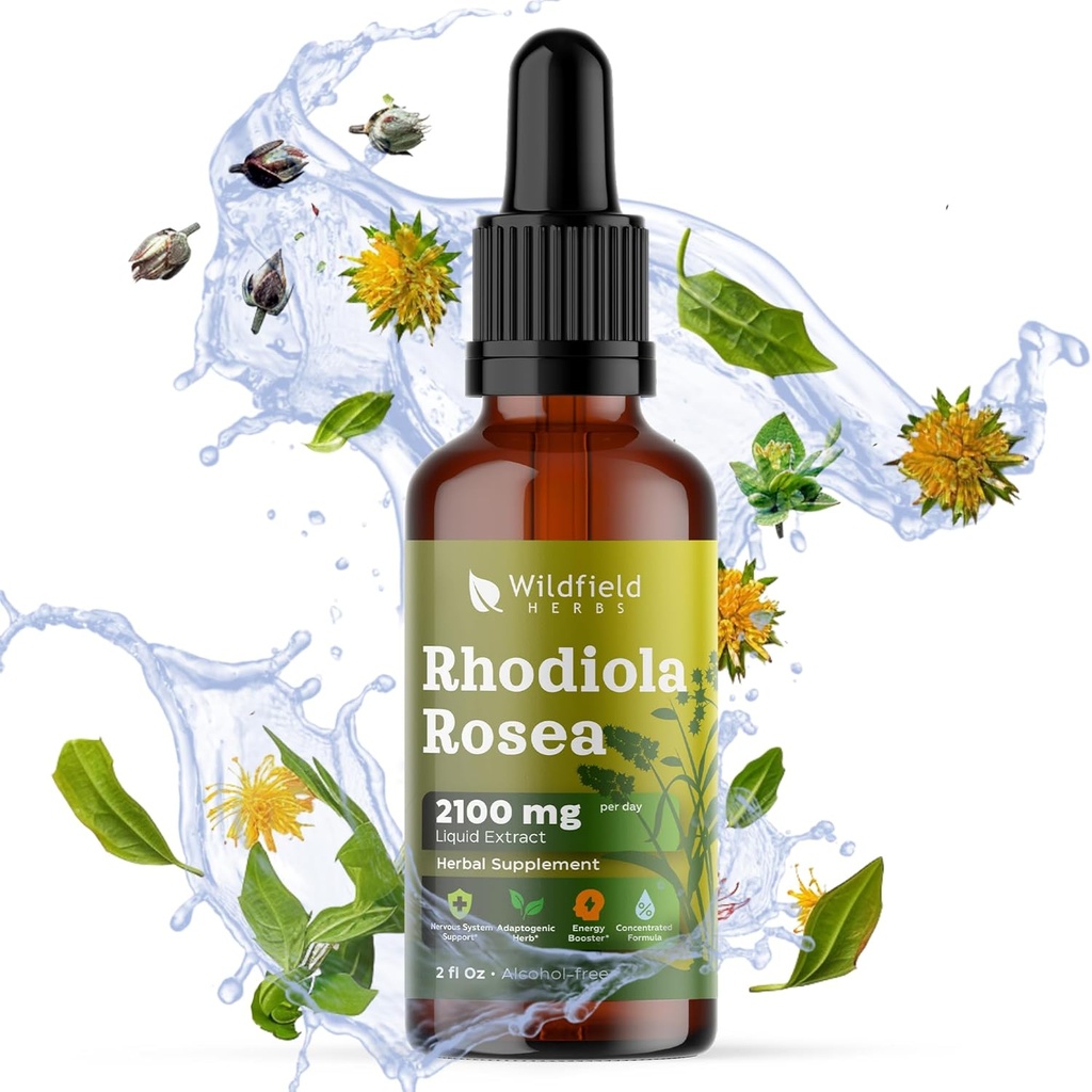 Rhodiola Rosea Extrait de Teinture Racine gouttes 2100mg (Rhodiola rosea L.) Supplément à base de plantes Absorbe mieux que les capsules, 1 mois d'approvisionnement, 84 portions, Teinture sans alcool - 2 Oz, boîte de 1