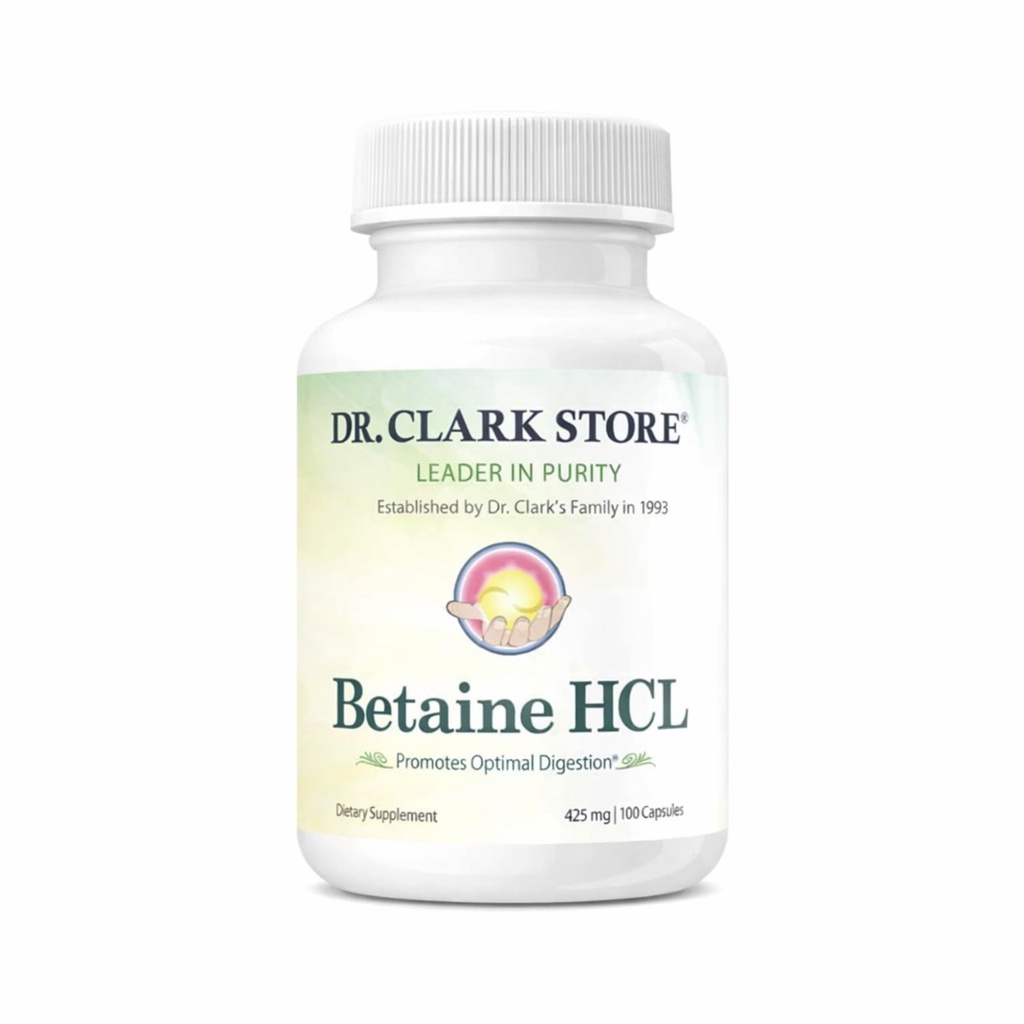 Dr Clark Betaine HCL Enzymes digestifs - Acid Reflux Medicine, Supplément de protéines d'acide chlorhydrique, Formule de digestion optimale, 100 Capsules de gélatine, 425 mg