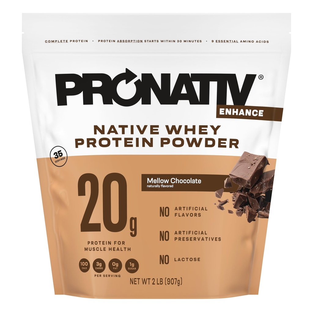 100% Whey Native Protein Powder, Mellow Chocolate, 2 lb, Made from Farm Fresh Milk, No Artificial Flavors or Preservatives, for Muscle Health and Recovery, Lactose Free