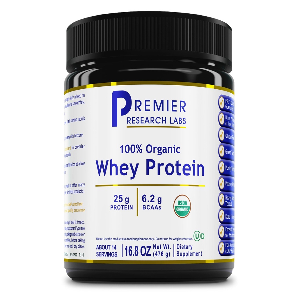 Premier Research Labs Organic Unflavored Whey Protein Powder - Clean & Pure Whey Concentrate, Keto Friendly, Natural Nutrition, 25g Protein, Readily Mixes, Low Heat Filtered - 16.8 Oz