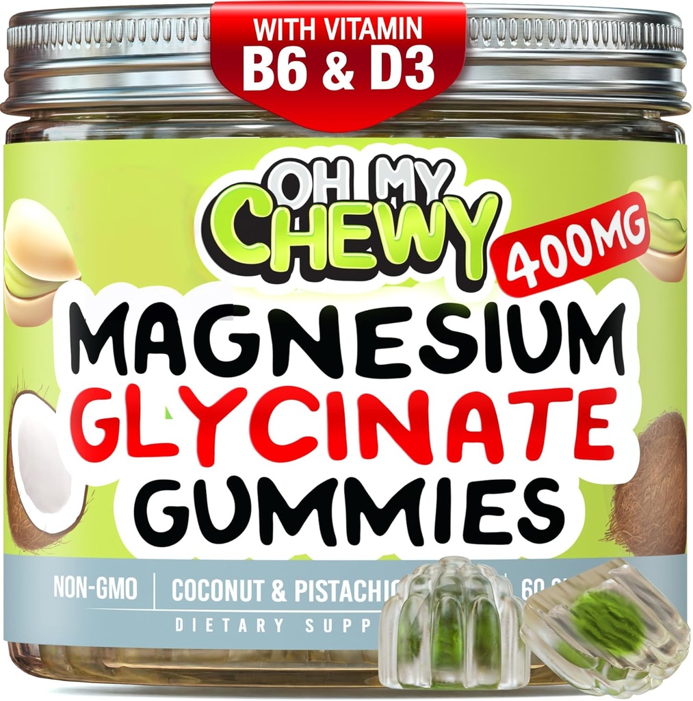 Gommies glycinées de magnésium au centre 400MG - Absorption élevée pour les enfants, les adolescents et les adultes - Supplément pour le sommeil, le calme et la relaxation musculaire avec B6 & D3 - Sans gluten et respectueux des végétaux - 120 Compte