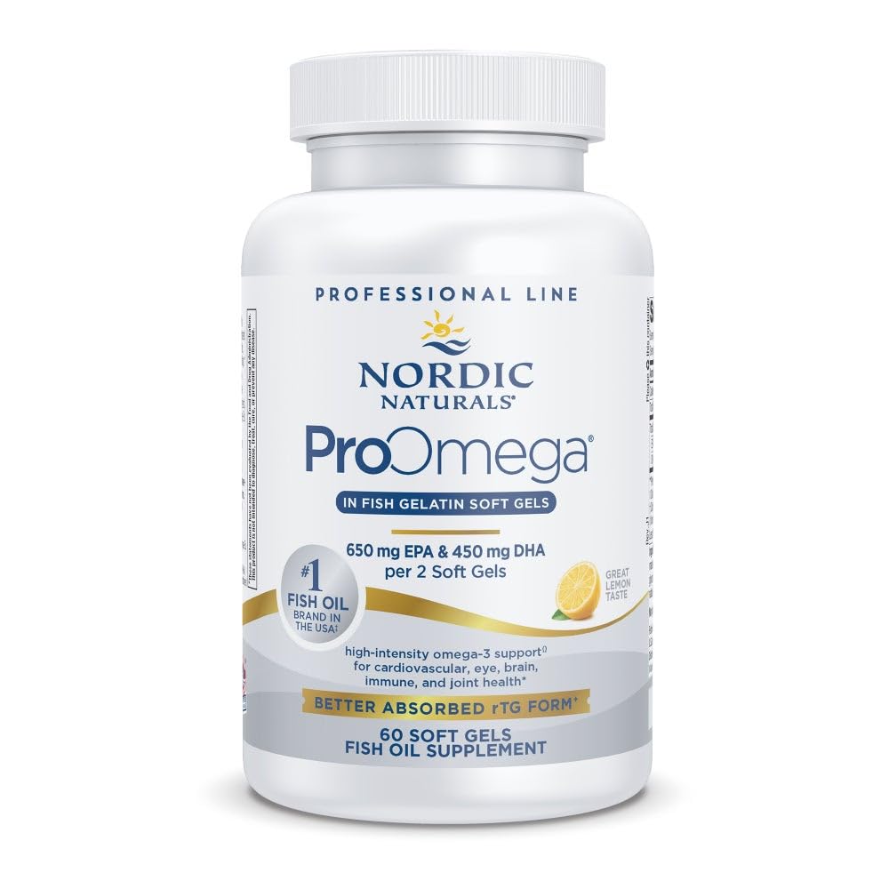 Nordic Naturals ProOmega in Fish Gelatin, Lemon Flavor - 60 Soft Gels - 1280 mg Omega-3 - High Potency Fish Oil - EPA & DHA - Promotes Brain, Eye, Heart, & Immune Health - Non-GMO - 30 Servings
