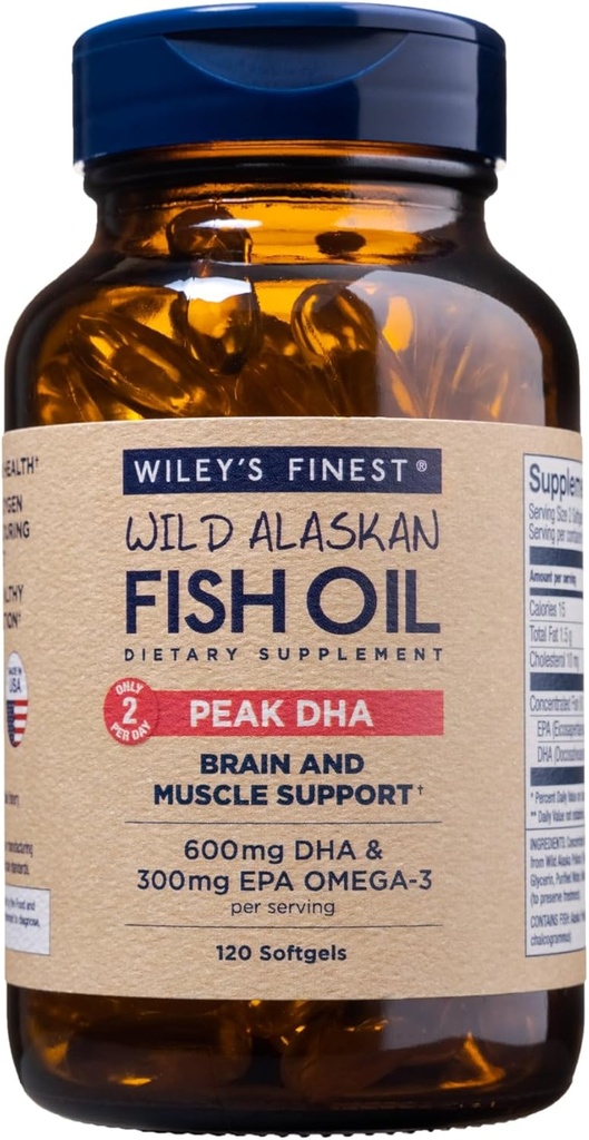 Wiley's Finest Wild Alaskan Fish Oil Peak DHA - 900mg EPA et DHA Omega-3 - 120 Softgels (60 portions)
