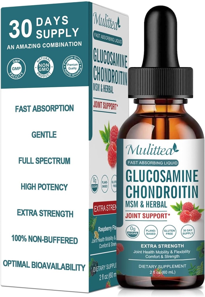 Glucosamine Chondroïtine MSM gouttes liquides-w/Elderberry, Boswelia & Hyaluronique Acid-Extra Strength Supplément de soutien pour la mobilité, la flexibilité et les os, haute absorption,60ml (2 fl oz)