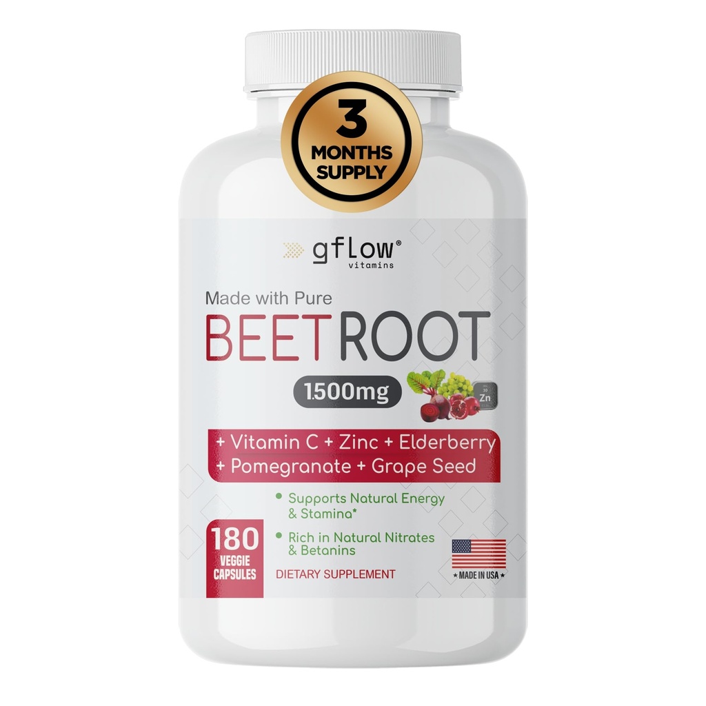 Capsules de racine de betterave biologique - Tout naturel avec la vitamine C et le zinc - soutient la santé cardiaque et l'endurance, non-OGM, 180 capsules végétariennes