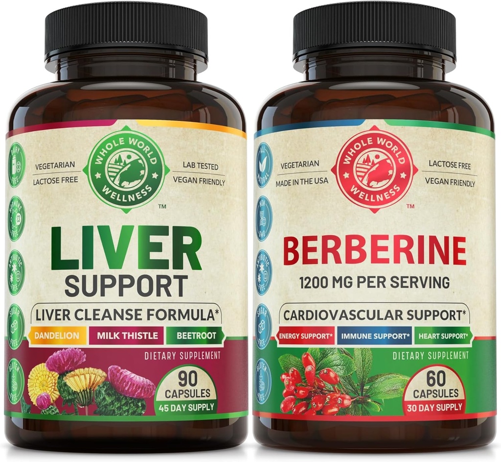 Liver Cleanse Detox Repair Formula and Premium Berberine Bundle (one Bottle Each). Supports Liver Health, Cardiovascular Health, Energy Boost, Metabolic Function. USA Made.