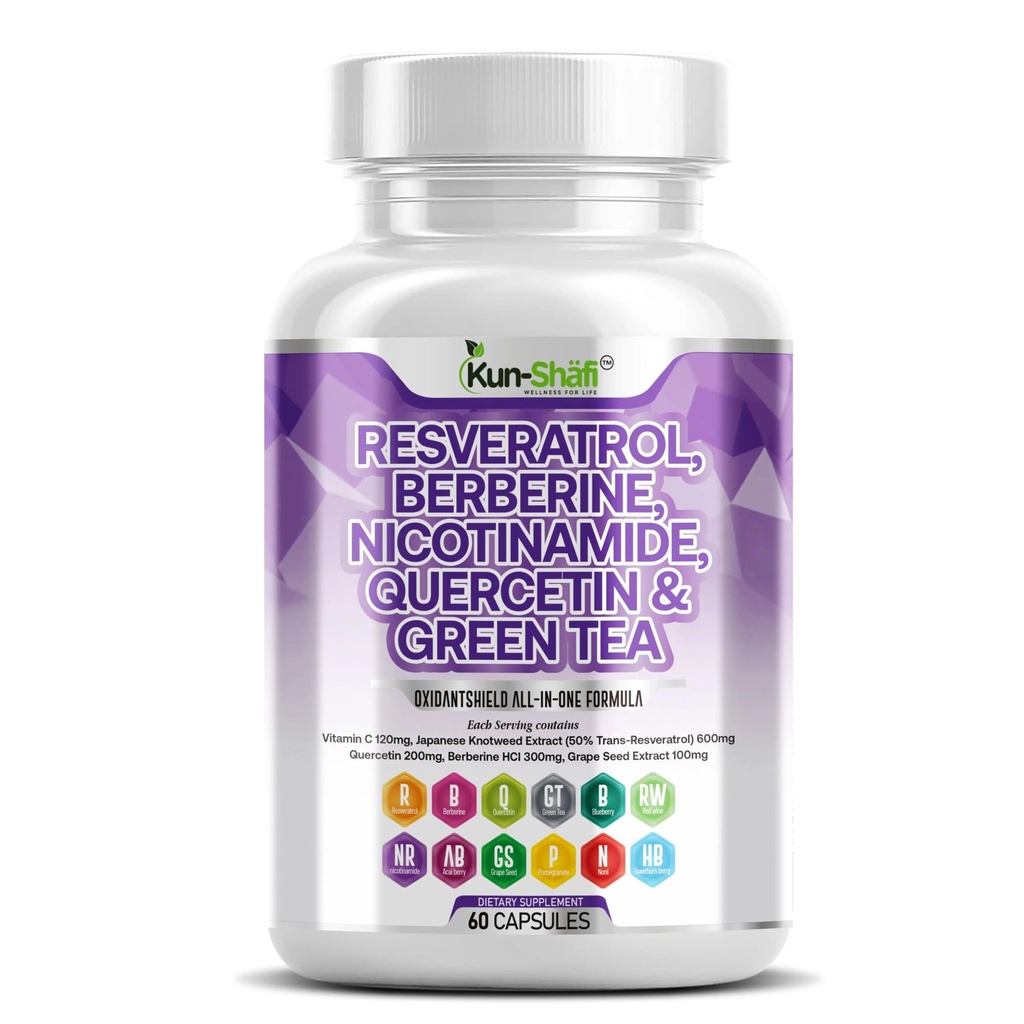 Berberine & Resveratrol Complex with Quercetin, Grape Seed, Green Tea, Vitamin C, and Nicotinamide Riboside – NAD+ & Antioxidant Polyphenol, Supplement for Men & Women – 60 Capsules