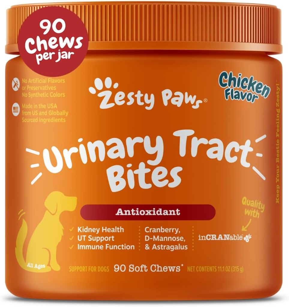 Zesty Paws Supplément de canneberge pour chiens - Contrôle de la vésicule pour chiens - Soutien du traîtage urinaire - Chews de canneberge - Soutien immunitaire et gourdin - Poulet - 90 Comte