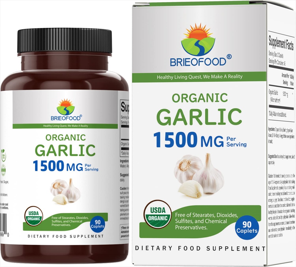 Brieofood Ail biologique 1500mg, 45 portions, végétarien, sans gluten, 90 comprimés végétariens