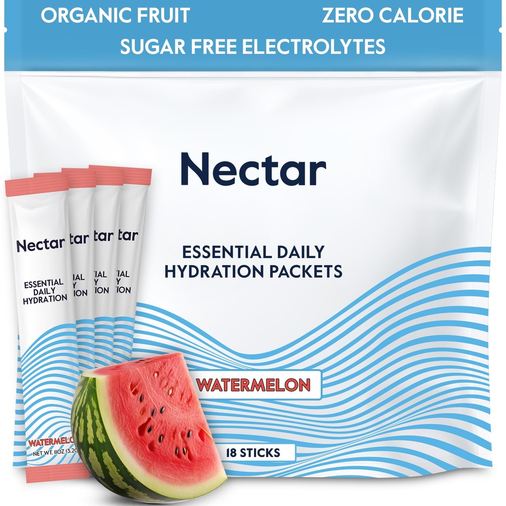 Nectar Hydration Packets - Electrolytes Powder Packets - No Sugar or Calories - Organic Fruit Liquid Daily IV Electrolytes Powder for Dehydration Relief & Rapid Rehydration (Watermelon 18 Pack)