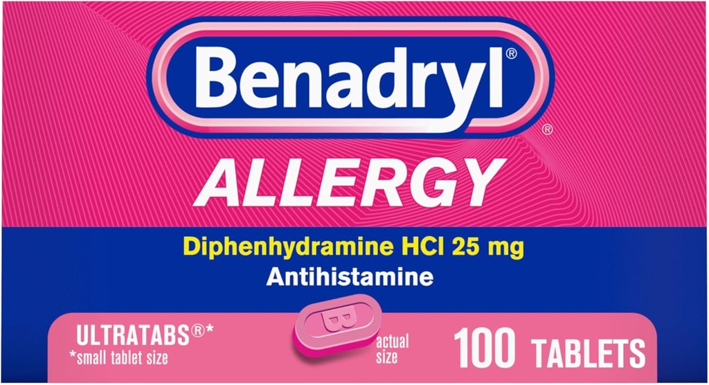 Benadryl Ultratabs Allergie Médecine, 25 mg Diphenhydramine HCl Antihistamine Comprimés pour le soulagement du froid et de l'allergie des symptômes comme éternuements, nez runny, yeux démangeaisons et gorge, fièvre du foin, 100 comprimés de comptage