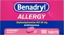 Benadryl Ultratabs Allergie Médecine, 25 mg Diphenhydramine HCl Antihistamine Comprimés pour le soulagement du froid et de l'allergie des symptômes comme éternuements, nez runny, yeux démangeaisons et gorge, fièvre du foin, 100 comprimés de comptage