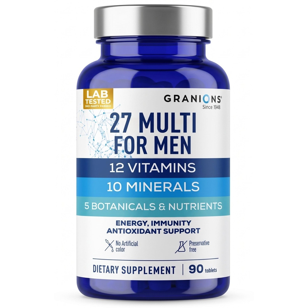 Granions 27 Mens Multivitamins Minerals Extracts - Vitamins A B C D3 E + Oligo Elements Zinc Magnesium Selenium + CoQ10 Quercetin Maca - Daily Mens Vitamins Supplement - 90 Tablets