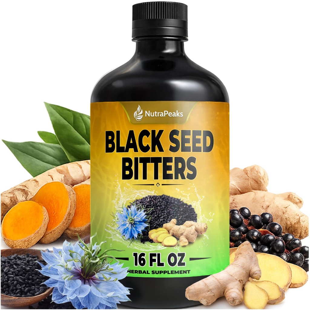 Black Seed Oil Bitters Liquid - Premium Herbal Blend with Black Seed Extract, Curcumin (Turmeric Extract), Ashwagandha, Elderberry, Probiotics, Vitamin C, Zinc...16 fl oz | Natural Botanical Blend