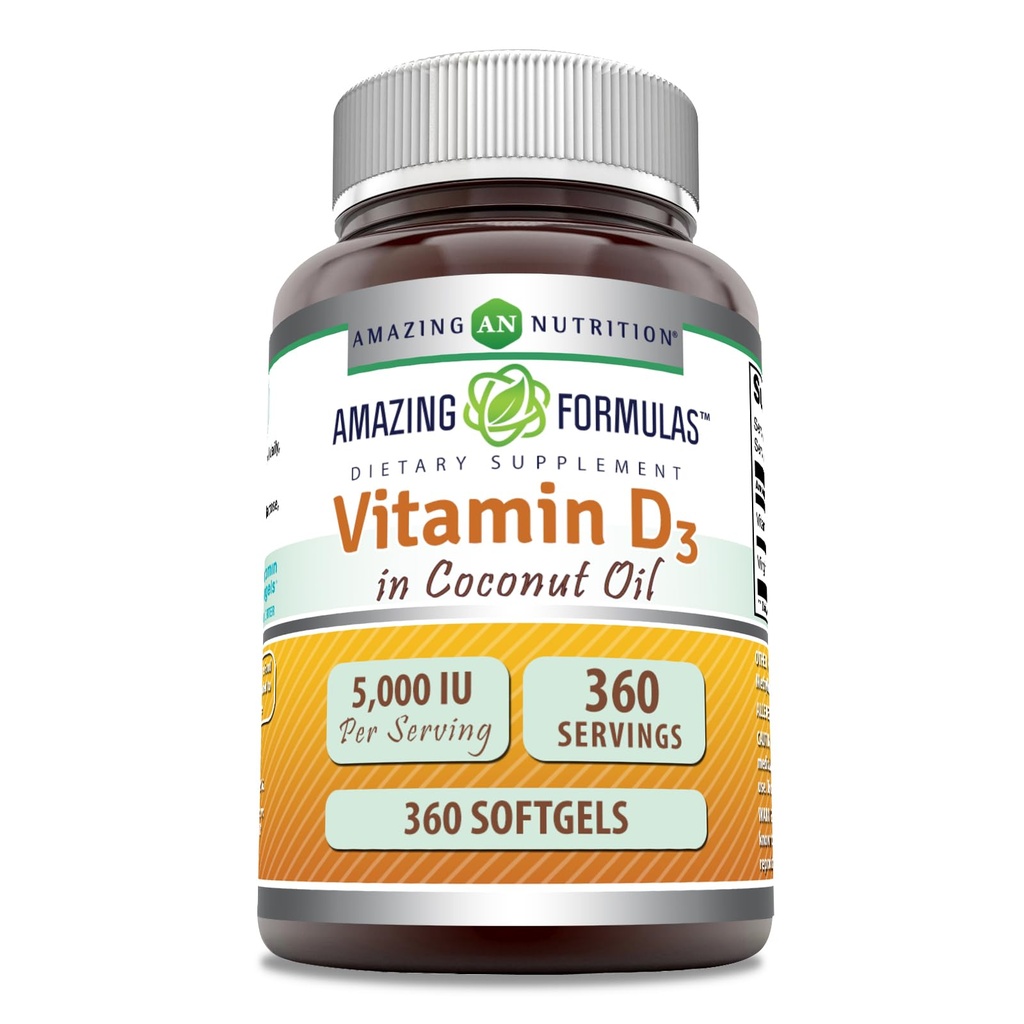 Amazing Formulas Vitamin D3 in Coconut Oil 5000 IU Supplement | Softgels | Non-GMO | Gluten-Free | Made in USA (1 Pack | 360 Count)