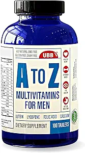 A à Z Multivitamine et supplément multiminérale pour les hommes - Approvisionnement de 3 mois - Vitamines A C D E K B1 B2 B6 B12 Magnésium Calcium Biotine Potassium Zinc - Antioxydants pour la santé du coeur et immunitaire (100 Nombre)